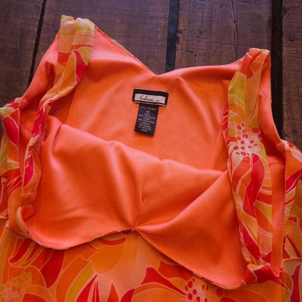 Y2K Early 2000s Orange & Pink Floral Print Dress Ruffle Summer Sun Dress Vintage - Picture 3 of 8